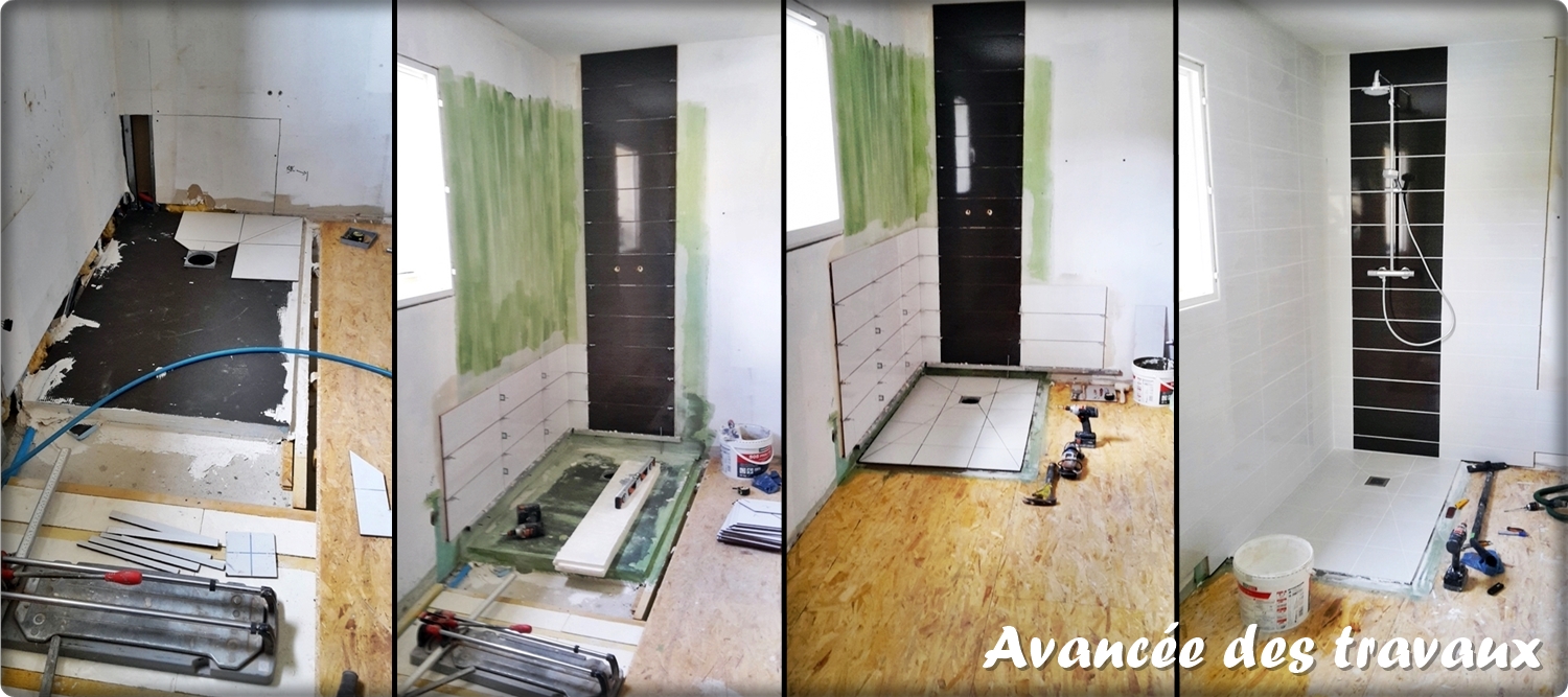 Chantier salle de bain Bricol'Home, avancée des travaux de remplacement et installation de douche : receveur et carrelage de douche