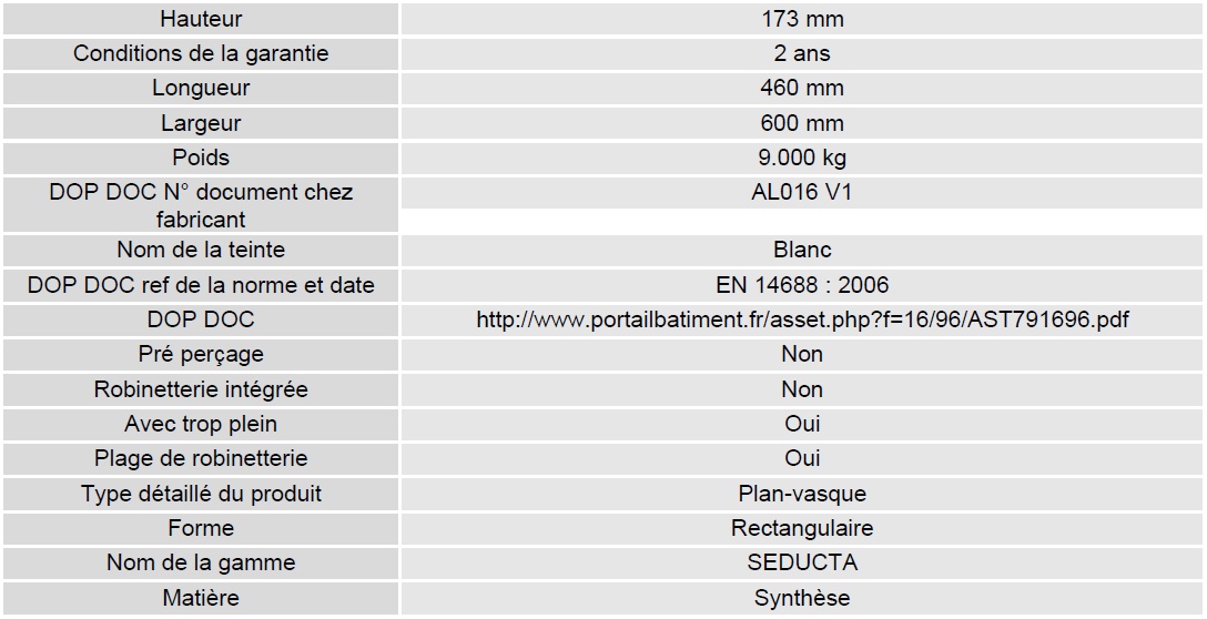 Fiche vasque 60