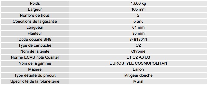 Fiche eurostyle mitigeur cosmo